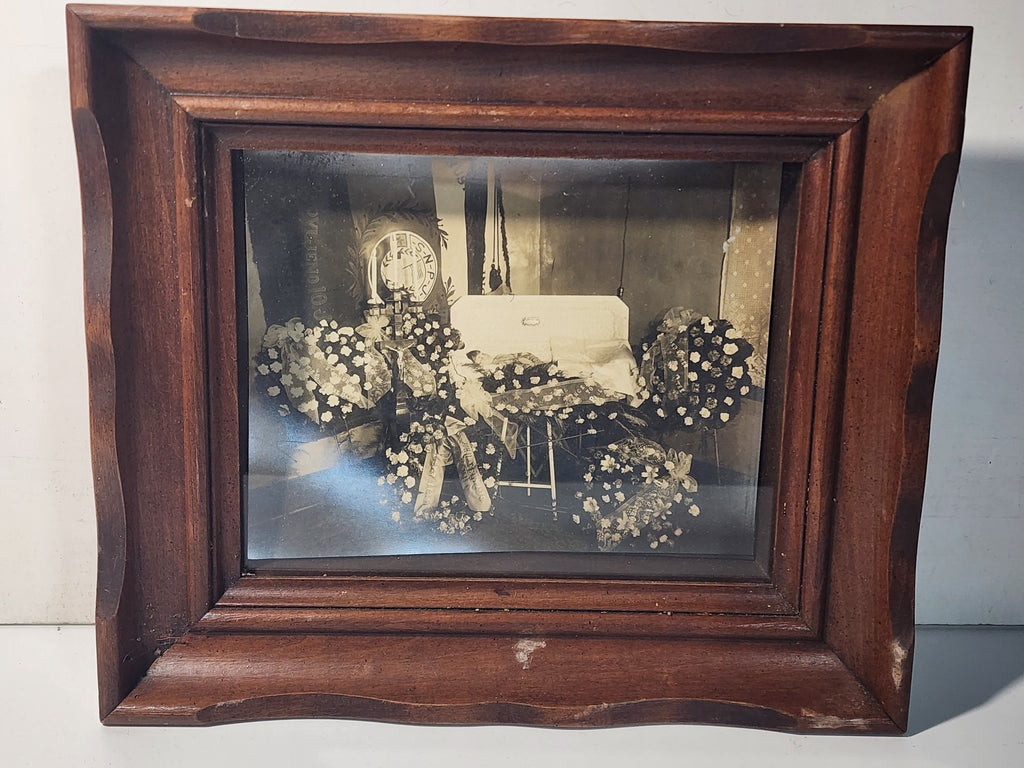 Antique Early 1900s Fraternal Funeral Photograph in Carved Wood Frame - Historical SNPJ Slovene Americana