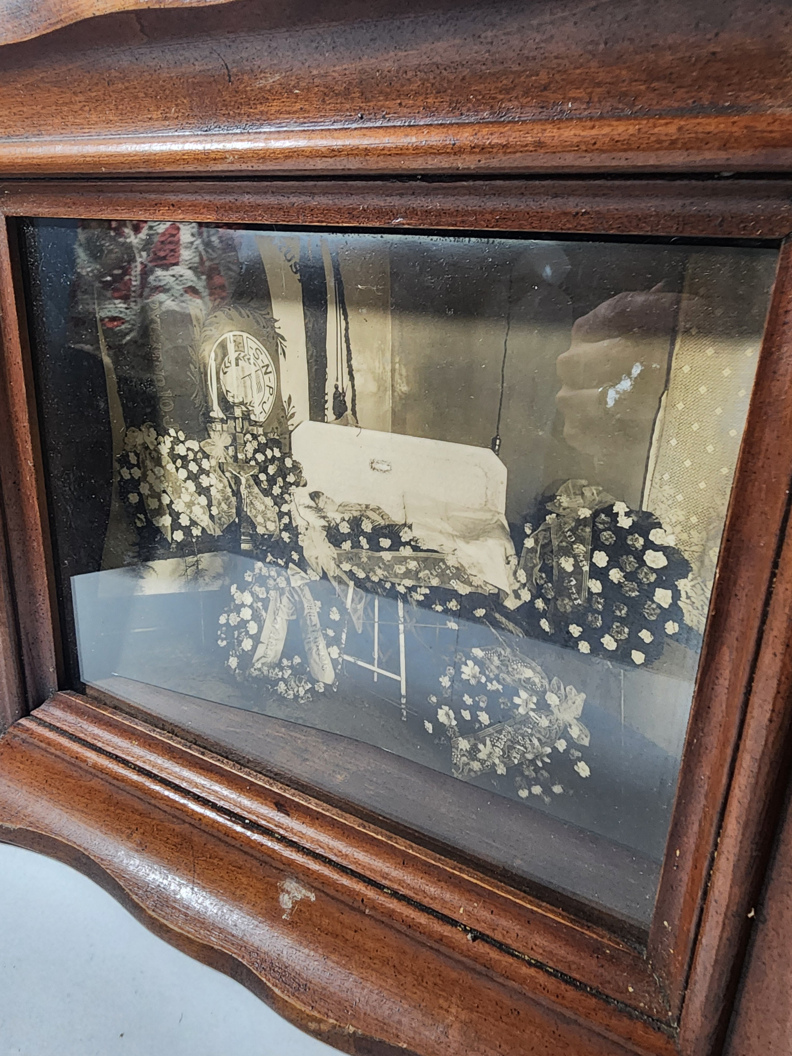 Antique Early 1900s Fraternal Funeral Photograph in Carved Wood Frame - Historical SNPJ Slovene Americana